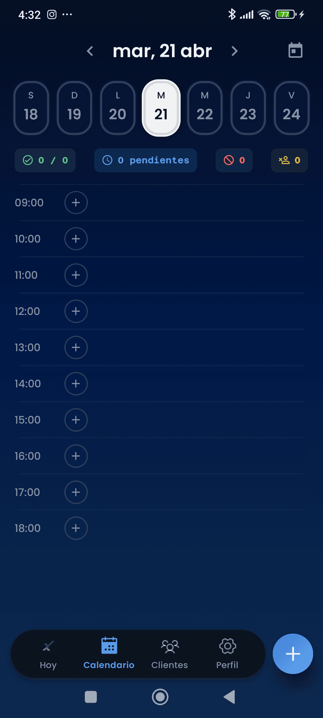 Pantalla del calendario semanal de FIXA Pro
