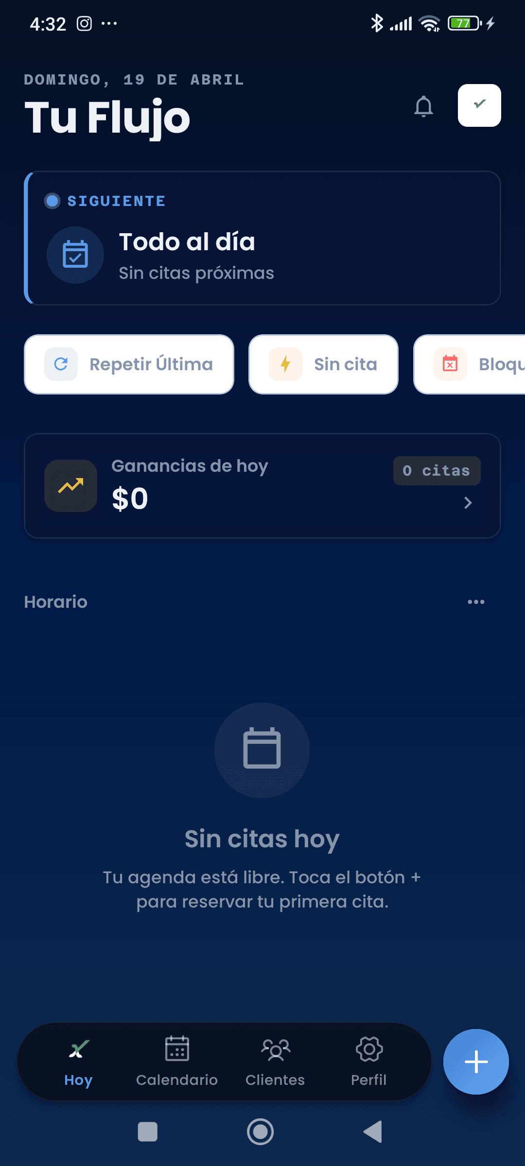 Pantalla de inicio de FIXA Pro mostrando 'Tu Flujo' con la siguiente cita y las acciones rápidas
